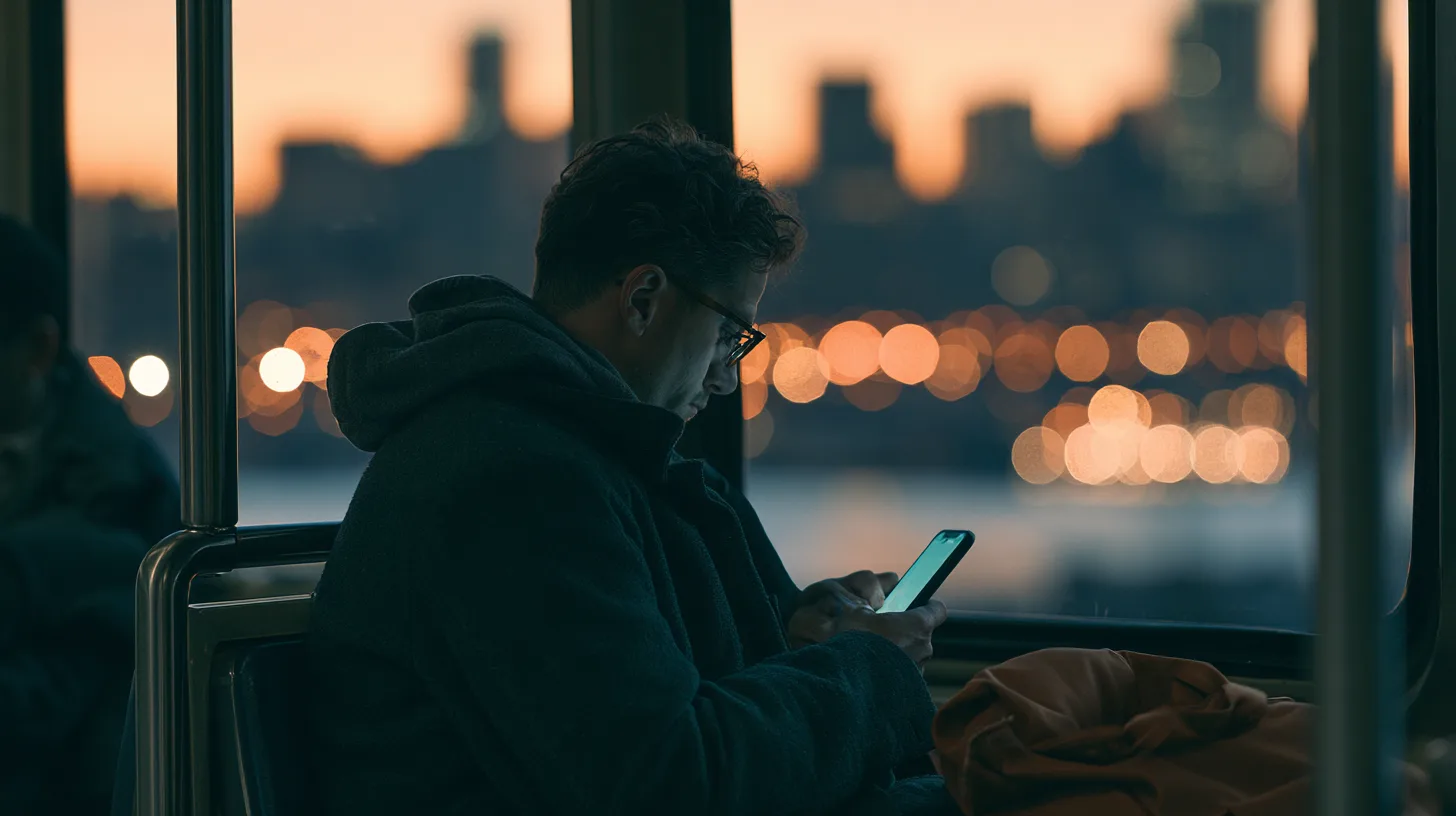 A commuter on an evening train checking a notification on his phone