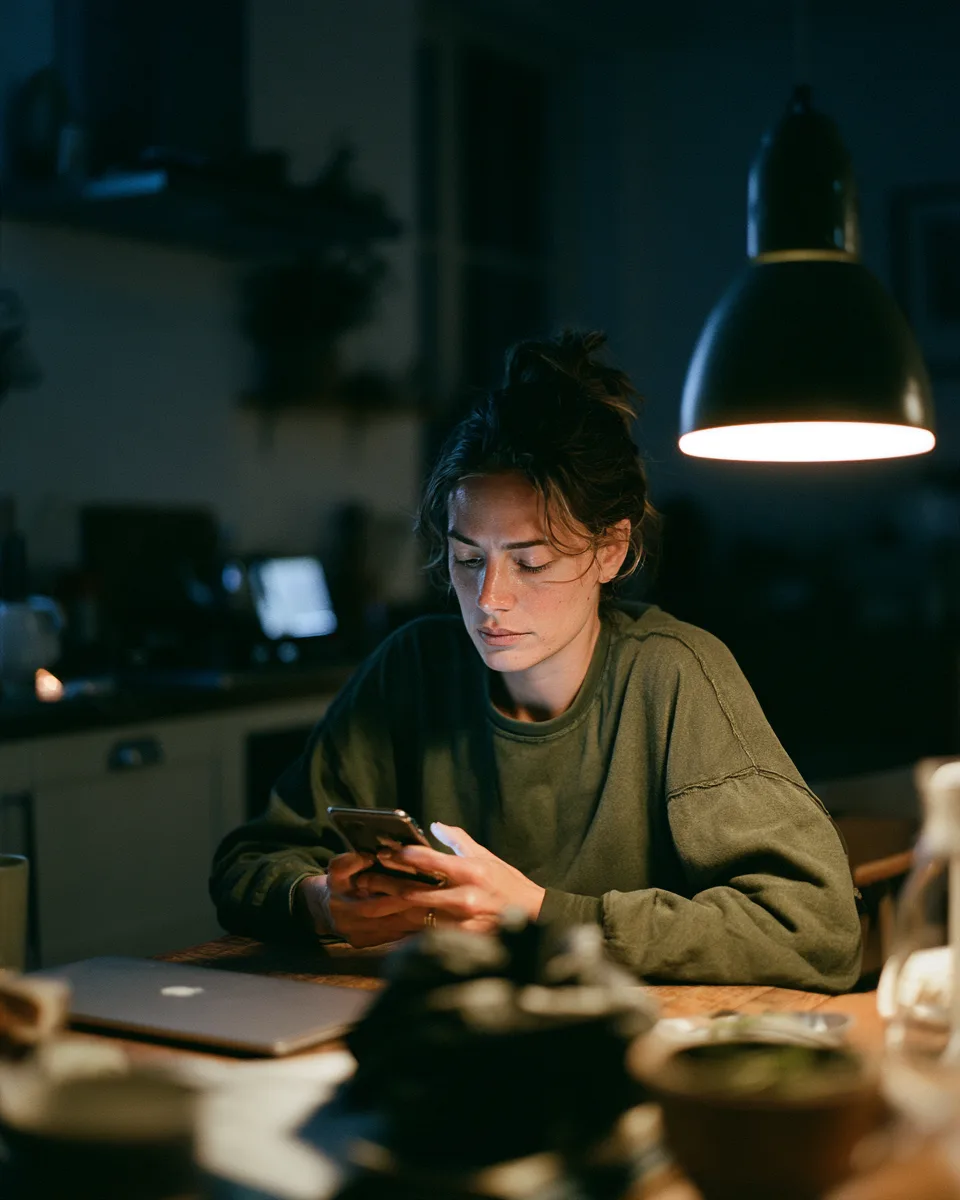 An employee at home in the evening, privately reviewing a security notification on her phone
