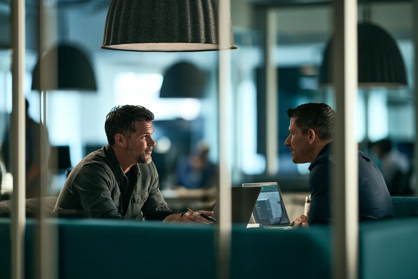 Two security analysts talking through an investigation at a shared laptop