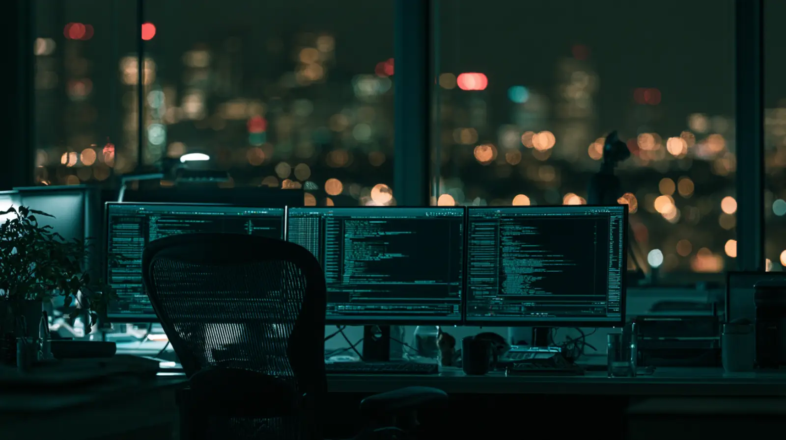 An empty security operations desk at night, three monitors of terminal output glowing over a darkened city skyline